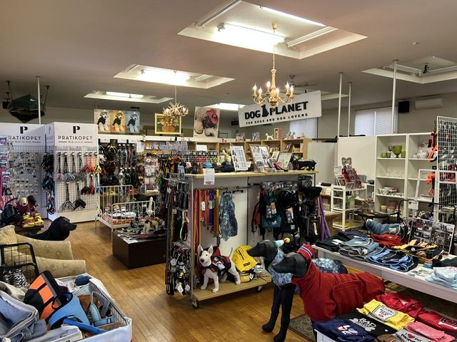 DOG PLANETの店内。ウェアやハーネスが並ぶ