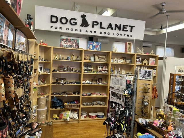 店内の棚に並ぶ雑貨と DOG PLANET のサイン