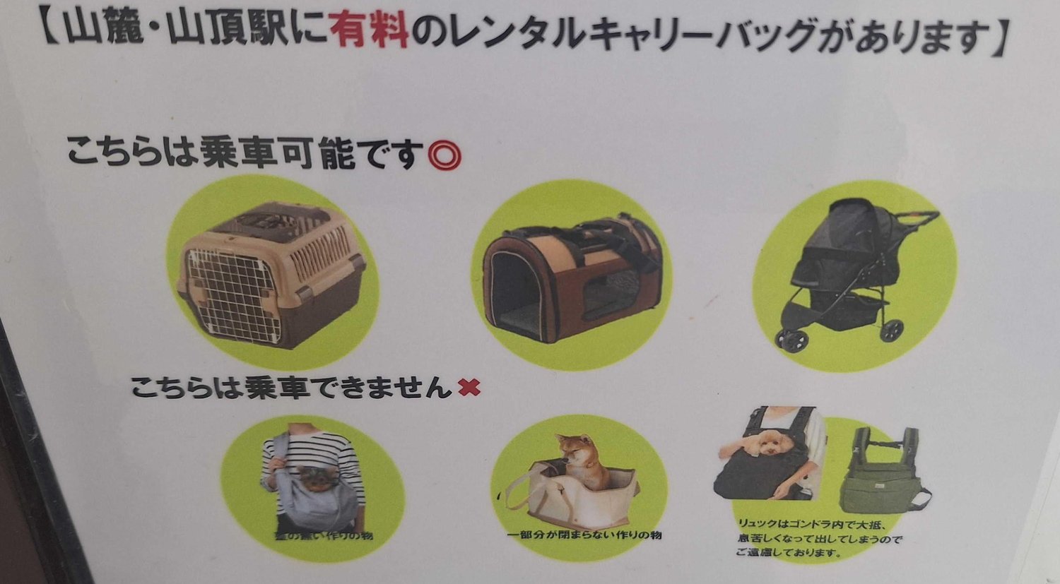 乗車できるキャリーと、できないキャリーを示した施設の掲示